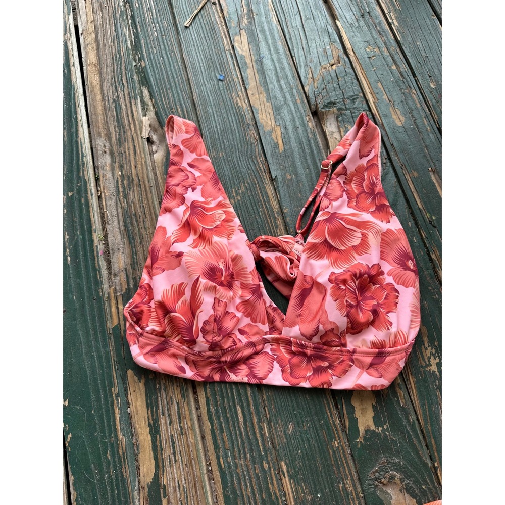 Shade & Shore Tropical Floral Tie Front Bikini Top Pink Orange XL 16